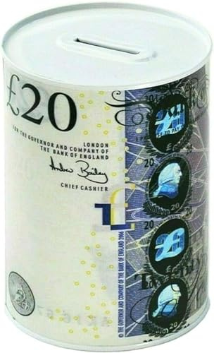 MEA Pound Notes Design Money Box Tin £5, £10, £20, £50 GBP | Savings Cash Tin for Kids & Adults | Piggy Bank with UK Banknote Print | Multicolour & Size Cash Storage (£20 Design, Medium)