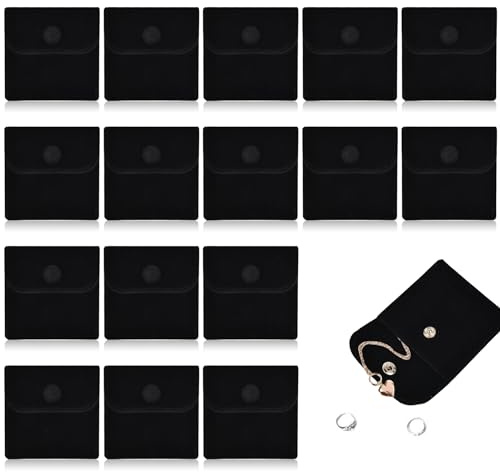 VIOCIWUO 20PCS Velvet Jewelry Pouches with Snap Button, Small Microfiber Velvet Jewelry Bag for Storing Ring Bracelets Necklaces Earring(Black)