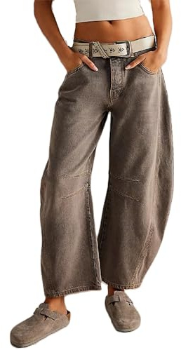 Vaqueros de pierna ancha tipo barril para mujer, holgados de cintura media recortados estilo globo, pantalones de mezclilla vintage boyfriend Y2K holgados streetwear, #5-marrón, XS