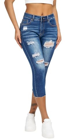 roswear Women's Capri Jeans Ripped Stretch Denim Capris Mid Rise Skinny Cropped Pants Blue X-Large