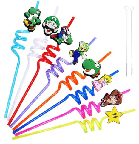Menelos Cannucce Plastica, 8 Pezzi Cannuccia Riutilizzabile + 2 Spazzole Paglia, Cannucce Bambini Colorate, Straws Ricurve per Feste di Compleanno Bambini a Tema Giochi dei Cartoni Animati