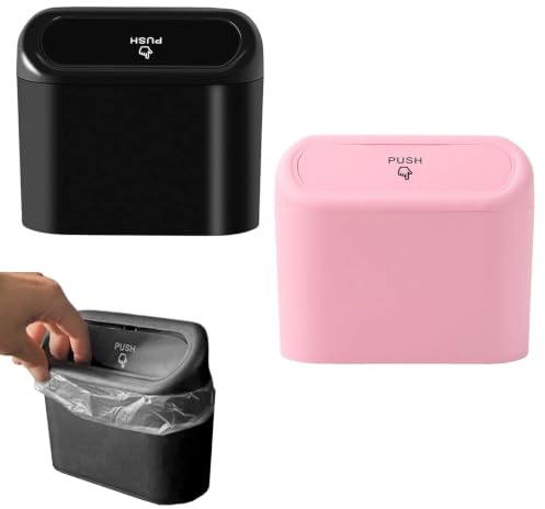 CZAYEFNH Petite Poubelle de Voiture, Poubelle de Voiture avec Couvercle, Boîte de Rangement de Voiture Suspendue Portable, pour Bureau de Voiture, Stocker et Organiser les Déchets (Noir+Rose)