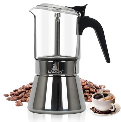 LAOION Stovetop Espresso Maker, 6Cup 240ml Classic Moka Pot, Crystal Glass-top & Stainless Steel Coffee Maker Mocha Pot, Greca De Cafe, Cuban and Italian Coffee Maker for Cafetera Cubana