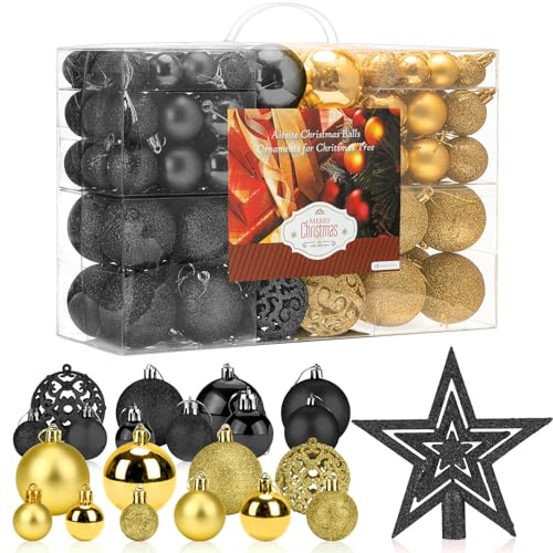 Aitsite 101 Stück Christbaumkugeln Schwarz und Gold Weihnachtskugeln 6CM/4 cm/2 cm Kunststoff Christbaumschmuck Wandbehang Ornamente Weihnachtsbaum Kugeln Flitter Tür Dekorationen Festival Dekore