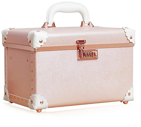 urecity Vintage Leather Vanity Case for Women, Hard Shell Cosmetic Case with Mirror, Stylish Beauty Case with Combination Lock (Pink, Medium)