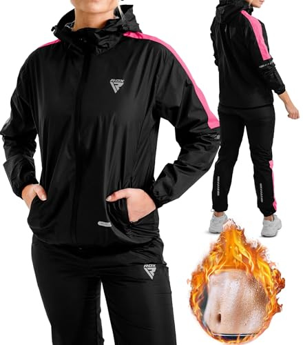 RDX Traje Sauna Mujer Adelgazante, REACH OEKO TEX 100 CERTIFICADO, Sudor Chándal con Capucha, Trajes de Sudoración Deportiva Fitness Boxeo Yoga Running Gimnasio, Conjunto de Pantalón Superior