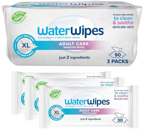WaterWipes Sensitive+ Body & Intimate Wipes, 90 Wipes (3 Packs), 3-In-1 Cleans, Cares, Protects, 99.9% Water, Unscented & Hygiene Wet Wipes, Adult Care
