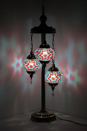 GOGERS Turkish Moroccan Floor Lamp 3 Big Mosaic Glass Globes Vintage Bohemian Tiffany Style Decorative DIY Floor Lamp Kit for Living Room (Blue Red)