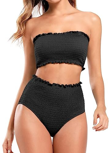 SHEKINI Women's Bandeau Bikini Set High Waisted Swimsuit Tummy Control | Strapless, Padded, Two Pieces, Bathing Suits