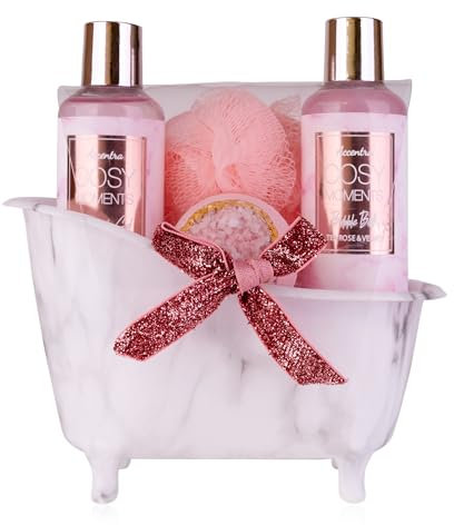 Accentra - COSY MOMENTS Bade- & Duschset in rosé - Geschenk Set zur Entspannung für Frauen zum Geburtstag oder Muttertag - 4-Teiliges Wellness Geschenk- & Pflegeset mit Mini Deko-Badewanne