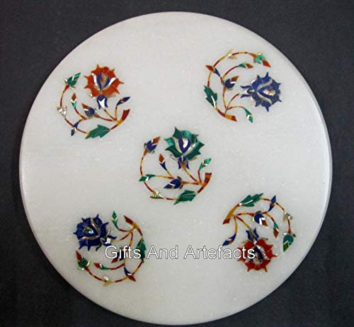 White Marble Chakla for Pizza Making Semi Precious Stones Inlay Work 9 x 9 Inches Tortilla Maker from Ancient Art and Crafts