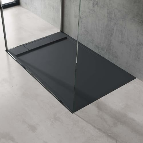 doporro Duschtasse Duschwanne 90x100x4 Mineralguss Anthrazit Ablaufgarnitur | Flache Duschwanne für bodenebene Montage mit DIN-Anschlüssen – stabil & pflegeleicht für moderne Duschen Geoma04