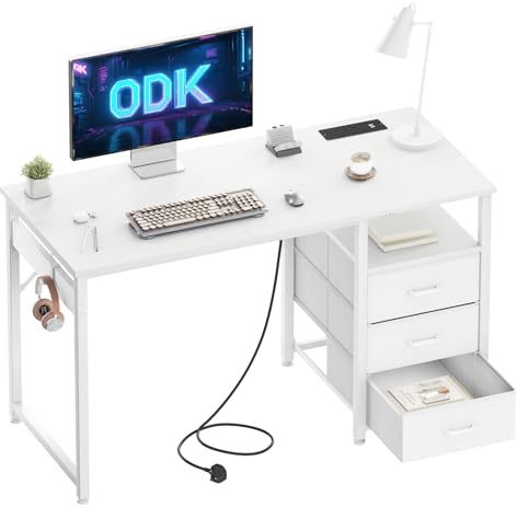 ODK Computer Desk with Drawers, 120cm Office Desk with Sockets, White