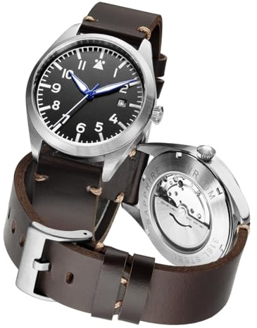 Boyarca Pilotuhr Herren-Aviator-Armbanduhr Japan Automatisches Uhrwerk Mechanische Uhren Edelstahlgehäuse Flieger-Zeitmesser mit leuchtendem, wasserdichtem Design, Braun a, Klassisch