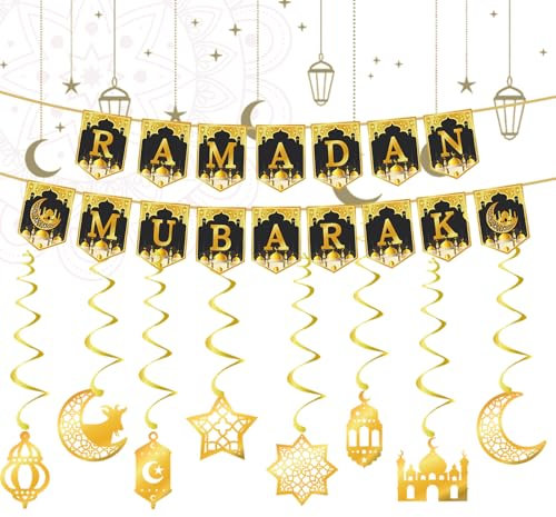 ARTGUTS Ramadan Deko Set,Ramadan Mubarak Banner Ramadan Girlande Mond Gold Stern Ramadan Dekorationen, EID Mubarak Party Dekoration,Ideal für EID Mubarak Deko von Weihnachtsfeiern zu Hause