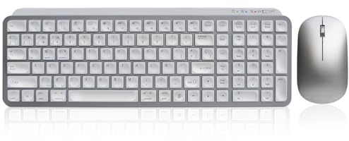 zienstar-Kit de Teclado y Ratón Español Recargable,Silencioso,Multi Dispositivo,Inalámbrico USB+Bluetooth-Plata