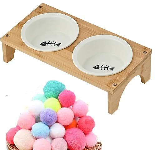 SUYUKU 2 Stück Katzennäpfe aus Holz, erhöht, 15 ° Futternapf, Anti-Erbrechen, Katzenfutterschale mit Katzenspielzeugball für Katzen, Welpen, Hunde, schützt die Wirbelsäule des Haustiers (Fischgräten)
