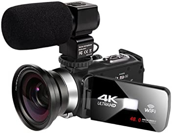 AUBEST Cámara de Video, Cámara de Video 4K con micrófono 4 8MP Vlogging for grabación de Video WiFi Nightshot CAM Lapso de Tiempo Fotografía Táctil Camcorder(Standard,CAM Lens Mic)