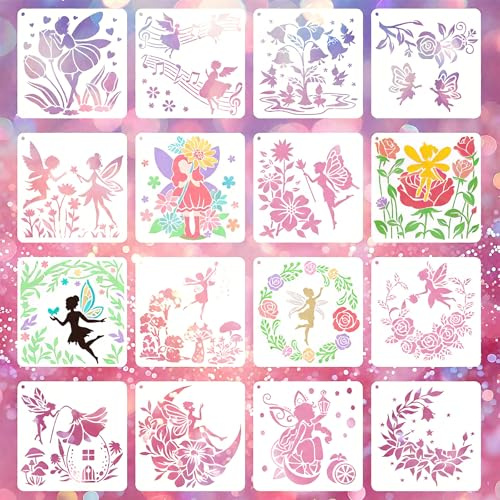 16 Stück Elfen Schablonen für Kinder DIY Malen Blumen Schablonen Wiederverwendbare Malschablonen für Wand Möbel Stoff Holz Scrapbooking Bastelvorlagen Mädchen Feen Stencil Set