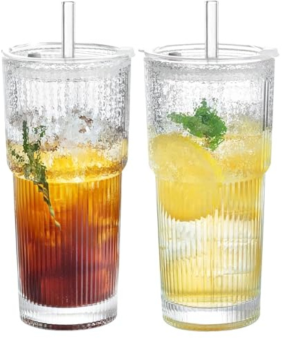 Lot de 2 gobelets en verre nervuré - 600 ml - Design hermétique et anti-fuite - En verre de qualité supérieure - Avec couvercle et paille - Pour café glacé, thé à bulles, smoothies