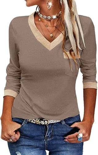 Fisoew Camiseta de manga larga para mujer, informal, cuello de pico, bloque de color, manga larga, camiseta básica, túnica, blusa.