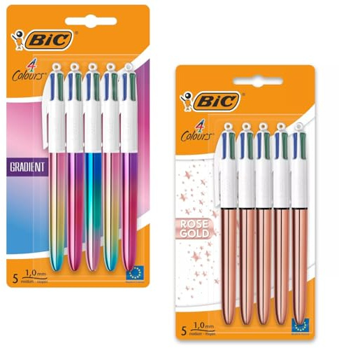 BIC 4 Colours Kugelschreiber Bundle – 10 Stück (5x Rose Gold + 5x Gradient) – Metallic-Design, 4 Farben pro Stift, nachfüllbar – Für Büro, Schule & Home Office