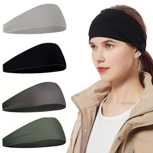 HAYGEM 4 Pezzi Sport per Uomo e Donna Fascia Sudore Fronteo, Doppio Lato Wicking fascia da donna sportiva, Stretchy e Traspirante Headband, Cerchietti Sportivi per Yoga, Corsa, Ciclismo, Basket