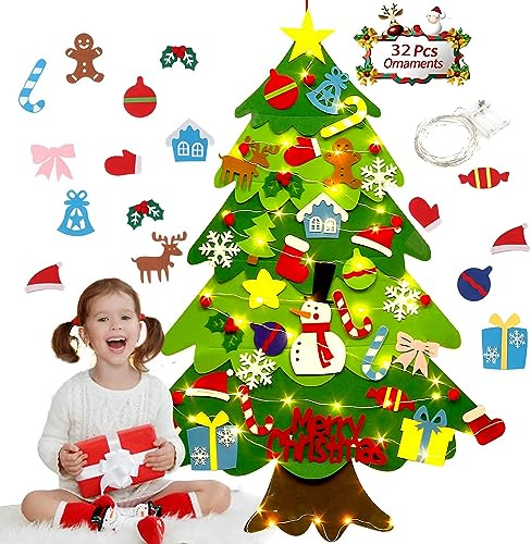 Árbol de Navidad de pared de fieltro para hacer uno mismo con luz y adorno para niños pequeños, set de manualidades para niños, decoración de Año Nuevo/Navidad (Feliz Navidad)