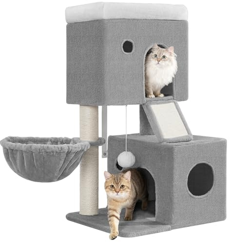 Fobyfurny Kratzbaum Klein, 82 cm Hoch Katzenkratzbaum, Hellgrau | Katzenbaum Klein mit 2 Gemütlichen Höhlen, 1 Plattform, Korb, Sisal-Kratzbaum, Kratzbretter für Katzen, Pompons FPMS002FG1
