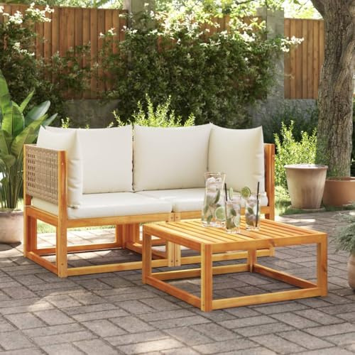 Holamys Gartensofa-Ecke mit Kissen, 2er-Set, Akazienholz & Rattan, modular, cremeweiß, für Terrasse, Balkon, Garten, Robustes Outdoor-Möbel-Set