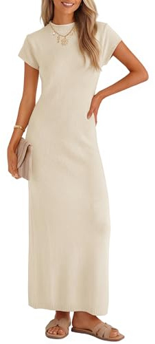 ZESICA Womens Summer Bodycon Maxi Dress 2026 Business Casual Short Sleeve Crewneck Knit Slit Spring Sweater Dresses,Apricot,Large