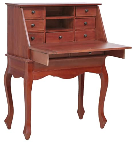Zeehear Sekretär Braun 78x42x103 cm, Massivholz Mahagoni, Vintage-Stil Schreibtisch mit Klappfunktion, 9 Schubladen, ideal für Home Office und Arbeitszimmer, langlebig