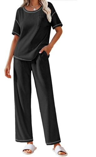 Ekouaer Women Waffle Knit Lounge Sets Short Sleeve Top and Long Pant Pajama Set Loungewear 2 Piece Pjs Set with Pockets