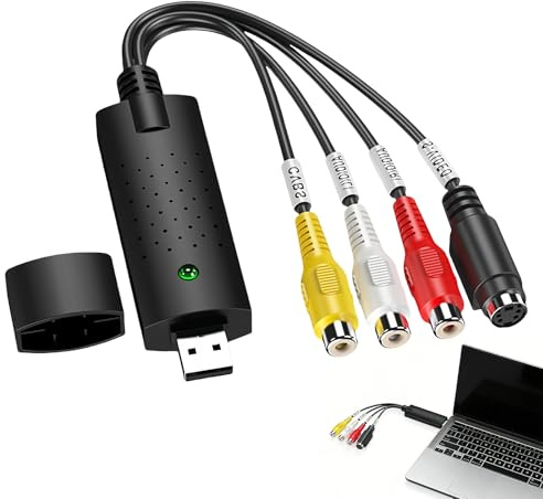 VHS till digitalomvandlare, videograbber USB 2.0 Analog videoljudadapter med en knapp videobandspelare redigering kompatibel med Windows XP/7/8/10 och Vista för PC-kassett, DVD, TV-videokamera
