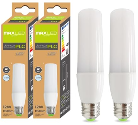 Maxled, Light is Led! Pack de 2 Bombilla LED E27 Luz Fria 12W LED Tubular Equivalente a 90W Halógenas Lámpara PLC E27 Bajo Consumo 6500K Blanco Frio PLC Tubo Bombillas para luz habitacion No Regulable
