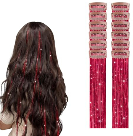 Vordpe Lot De 12 Extensions à Clipser En Forme De Guirlandes De Cheveux,MèChes ColoréEs De 55 Cm, Ensemble D'Extensions De SynthéTiques RéSistantes à La Chaleur (Rojo)