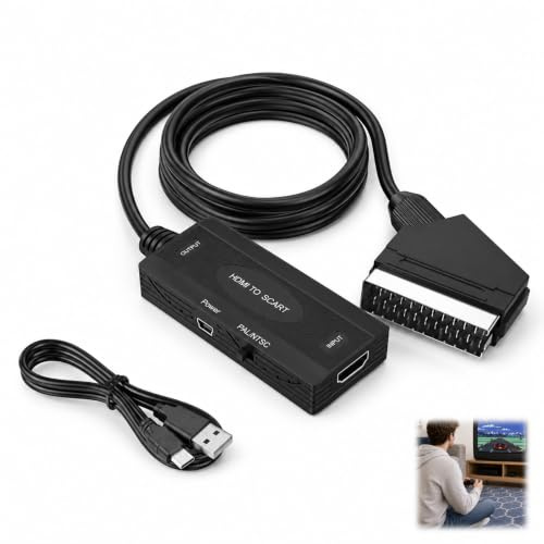 Dbaemu HDMI to SCART Converter, HDMI to SCART Adapter 1080P with Video Audio Conversion PAL NTSC Switch Compatible with DVD Player TV Box Laptop Game Console to Older TV Display with Cable