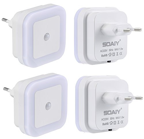 SOAIY 4er-Set LED Nachtlicht mit Bewegungsmelder Dämmerungssensor AUTO/ON/OFF energiesparend Steckdosenlicht PIR Sensorleuchte Orientierungslicht Kaltweiß Kinderzimmer Schlafzimmer Flur Treppe
