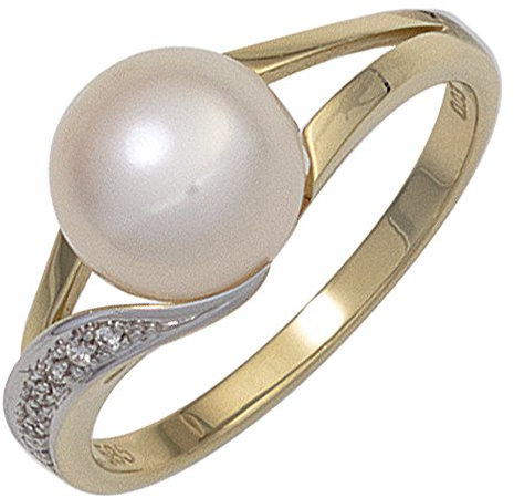 Jobo Damen-Ring aus 14 Karat 585 Gold mit großer Perle und 6 Diamanten Größe 54