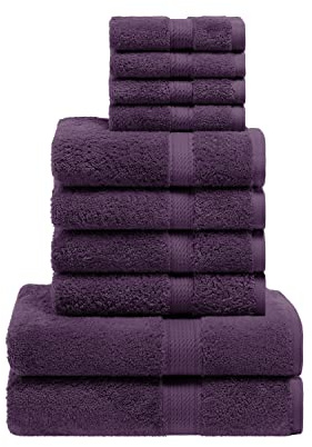 Superior Juego de Toallas Lisas de algodón Egipcio, paños de 13 x 13 Pulgadas, Toallas de Mano de 20 x 30 Pulgadas, Toallas de baño de 30 x 55 Pulgadas, 800 g/m², Ciruela, 10 Piezas