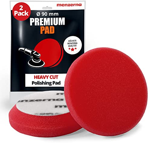 Menzerna Heavy Cut Foam Pad Polierschwamm hart PREMIUM - 95 mm 3,5 - rot - 2 Stück + 1 Nitril - Schutzhandschuh