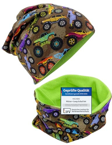 HECKBO Set Beanie e sciarpa Monster Truck – 2-8 anni – 95% cotone – stretch – pile – berretto invernale design auto fatto a mano (48–54 cm)