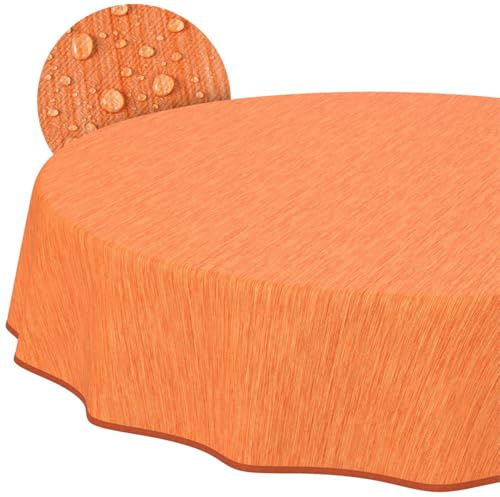 Tischdecke abwaschbar Wachstuch Wachstuchtischdecke Gartentischdecke Leinen-Optik Pflegeleicht Wasserabweisend 140cm (Rund) Orange mit Saum