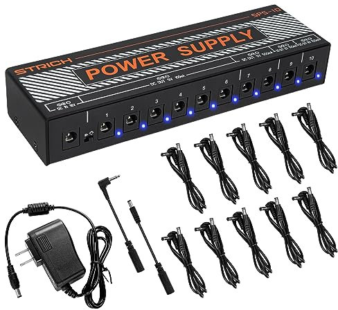 STRICH Guitar Pedal Power Supply, 10 Isolated DC Output for 9V/12V/18V Effect Pedal, 100mA 500mA Pedalboard Power Supply with Short Circuit Protection, Noise Reduction Circuit Design, SPS-10