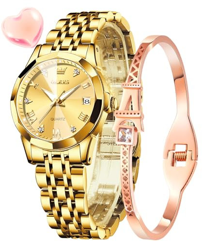 OLEVS Damenuhr Gold Diamant Analog Quarz Uhren Damen Edelstahl Wasserdicht Leuchtend Modisch Elegantes Kleid Armbanduhr Armreif Geschenk Set
