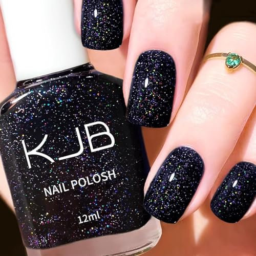 Glossy Black Nail Varnish Quick Dry - 12ml Sparkle Glitter Shiny Nail Polish - French Manicure Breathable DIY Nail Art at Home