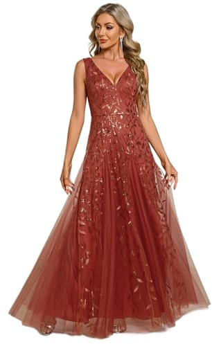Ever-Pretty Damen Abendkleid Meerjungfrau Pailletten Tüll V Ausschnitt lang Gebrannte Orange 38