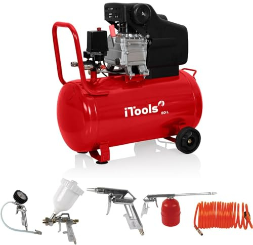 ITOOLS - Compresseur d'air à huile 50L 8 bar 115 PSI Silencieux 2CV 1.5KW + Kit 5 accessoires pneumatique