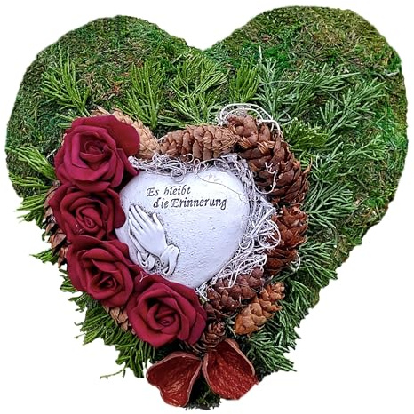 Grabgesteck aus Moos und künstlichen Rosen, rot, 30 cm | haltbarer, wetterfester Grabschmuck, Allerheiligen, Totensonntag
