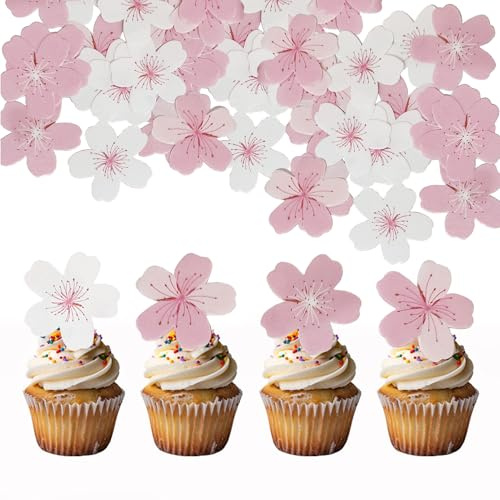 60 Stück Esspapier Blumen Cupcake,Torten Deko Essbare Blüten Kuchen,Essbare tortendeko Edible,Tortendeko Geburtstag Gänseblümchen,Kirschblüten,Tortendeko Blumen Essbar,Torte,Cake Topper Happy Birthday